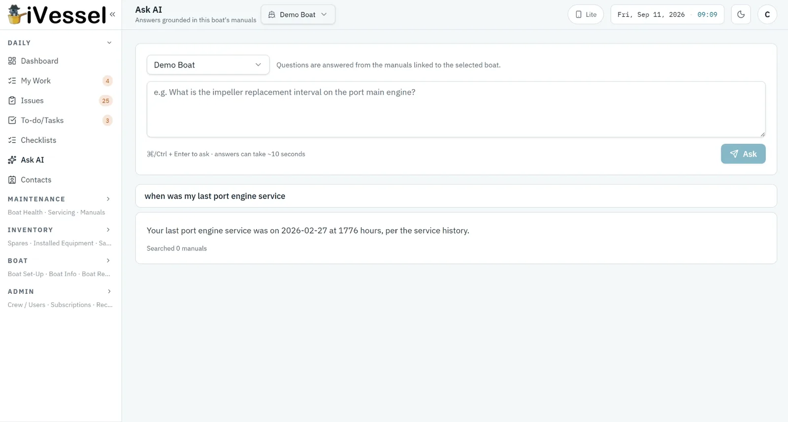 Ask AI — answer from the boat's records