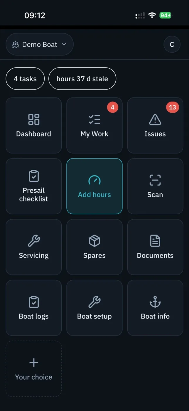 App móvel — painel do barco