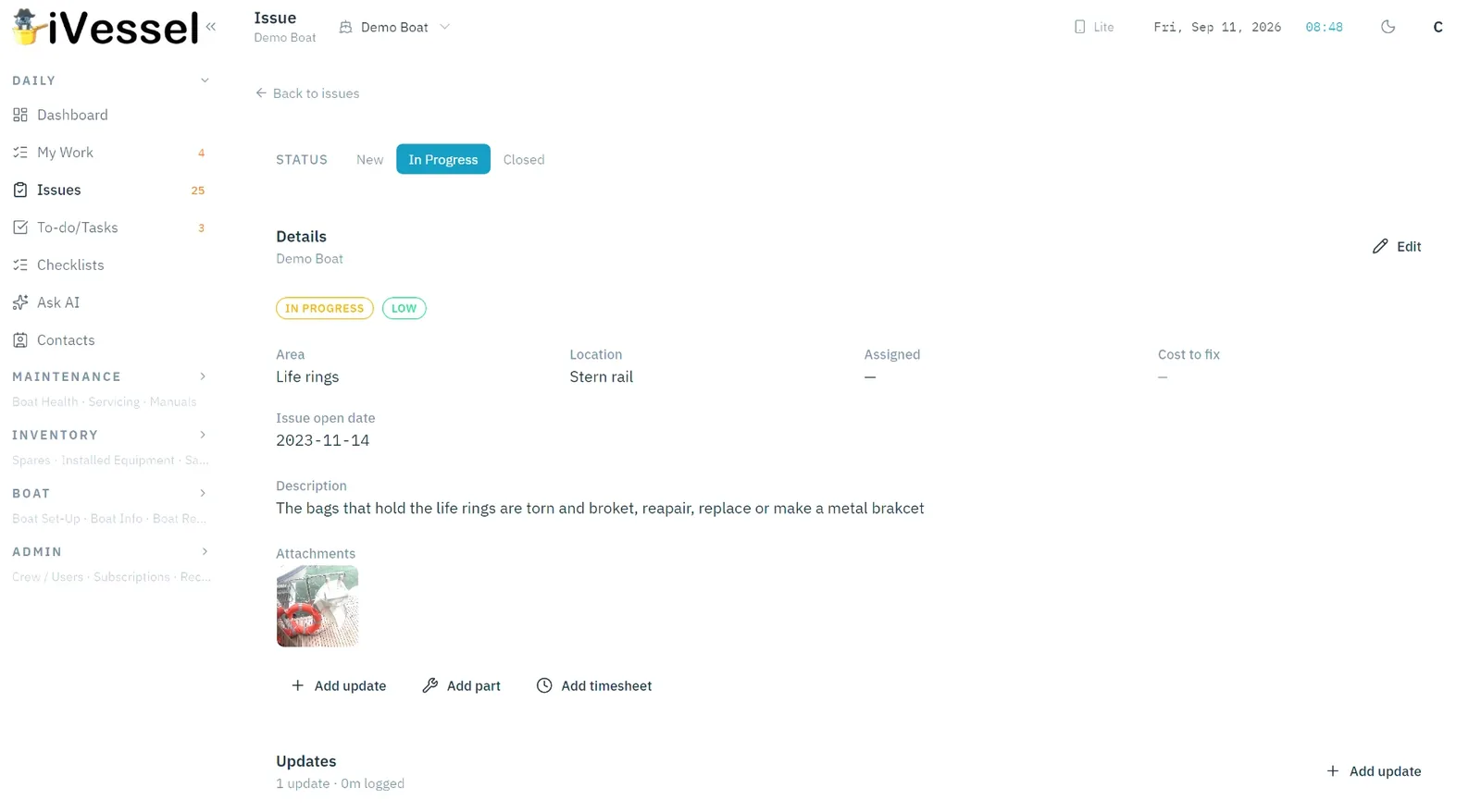 Issue detail — photos, assignee and timeline