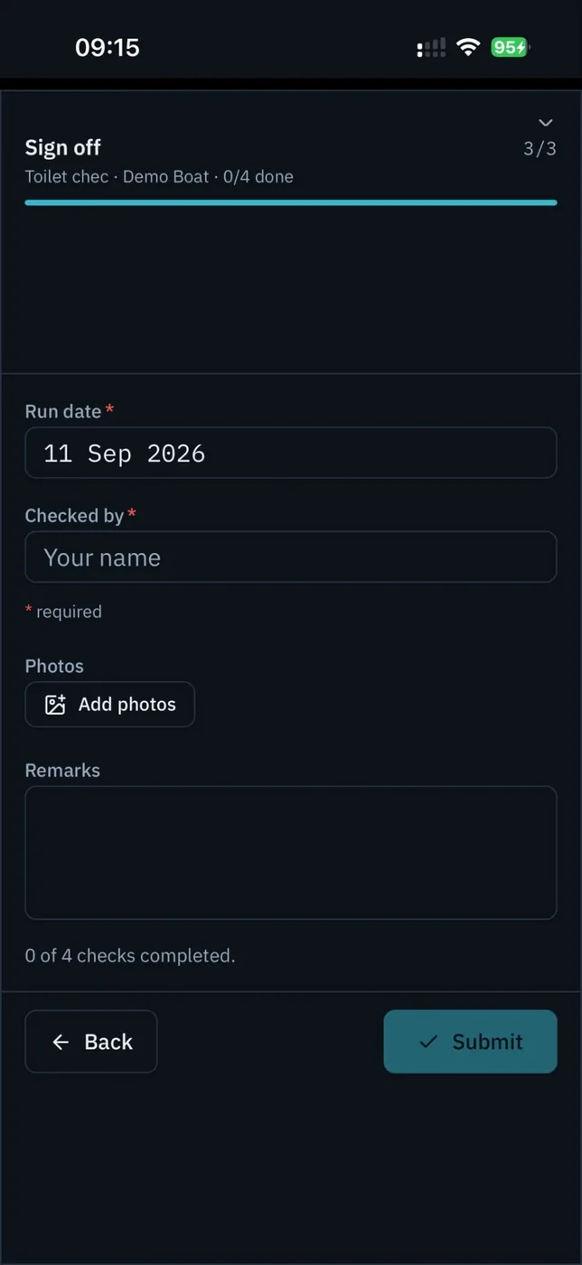 Checklist run — sections and sign-off
