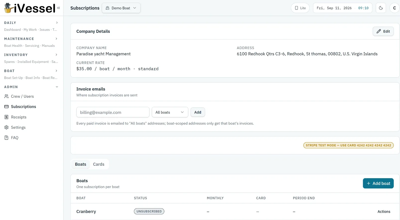 Subscriptions — boats, cards and invoices